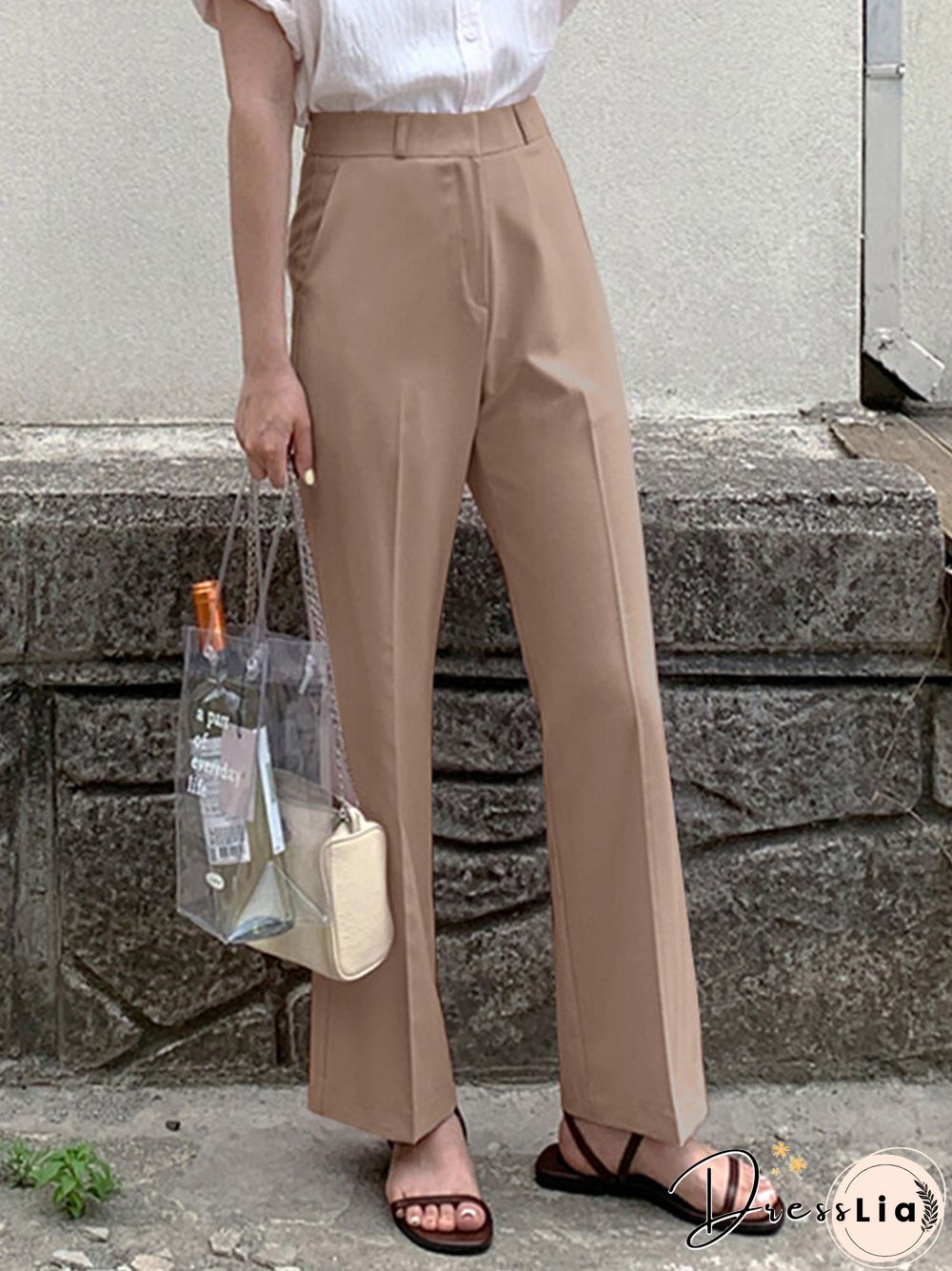 Solid Pocket Zip Front Tailored Pants For Women