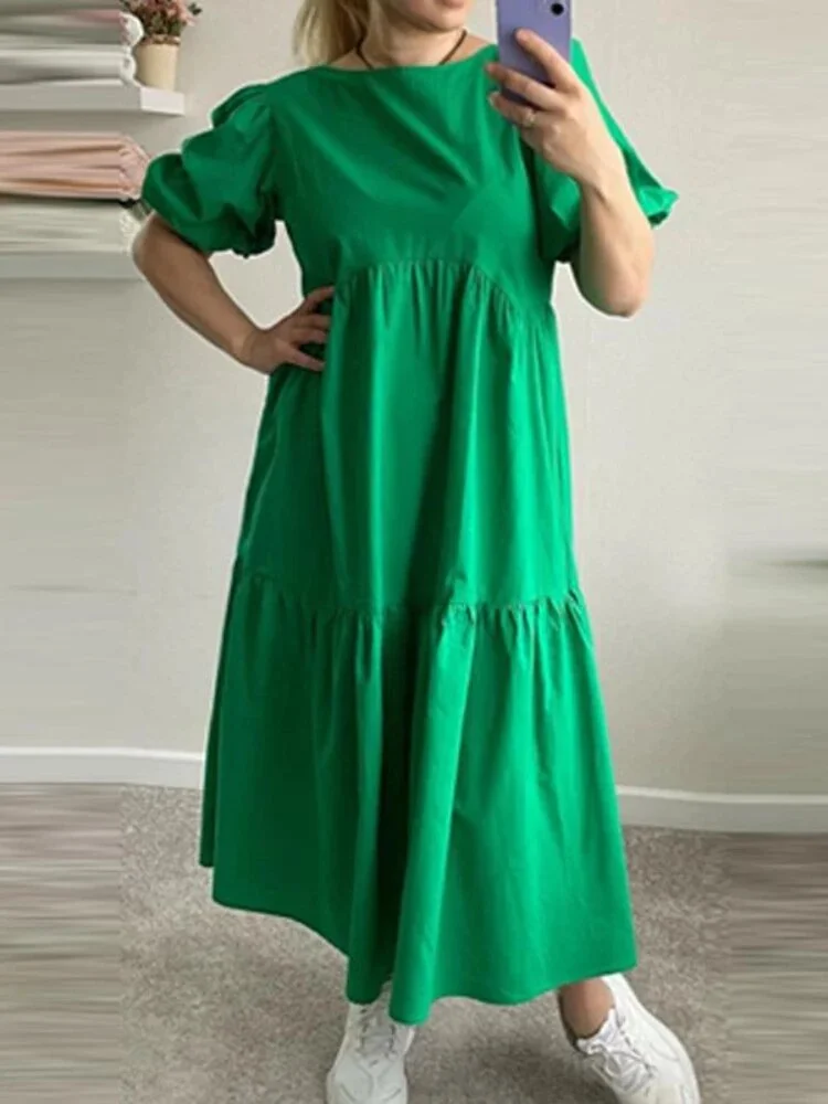 Pongl Dresses for Women Summer New 2023 Temperament Solid Color Casual Long Dress O-Neck Short Sleeve Loose Beach White Dress