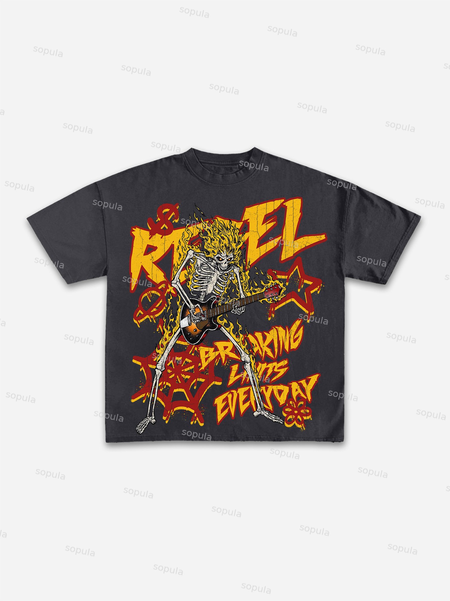 Flame Skull Graffiti Print Cotton T-shirt