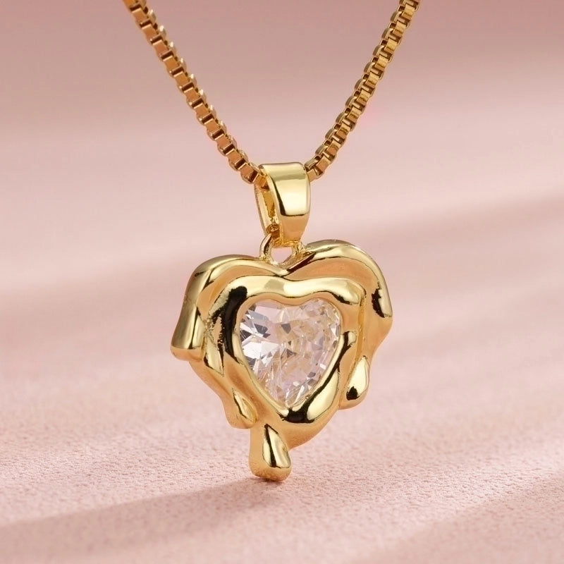 Vintage Style Heart Shape Flower Bow Knot Stainless Steel Copper Plating Inlay 18K Gold Plated Zircon Pendant Necklace