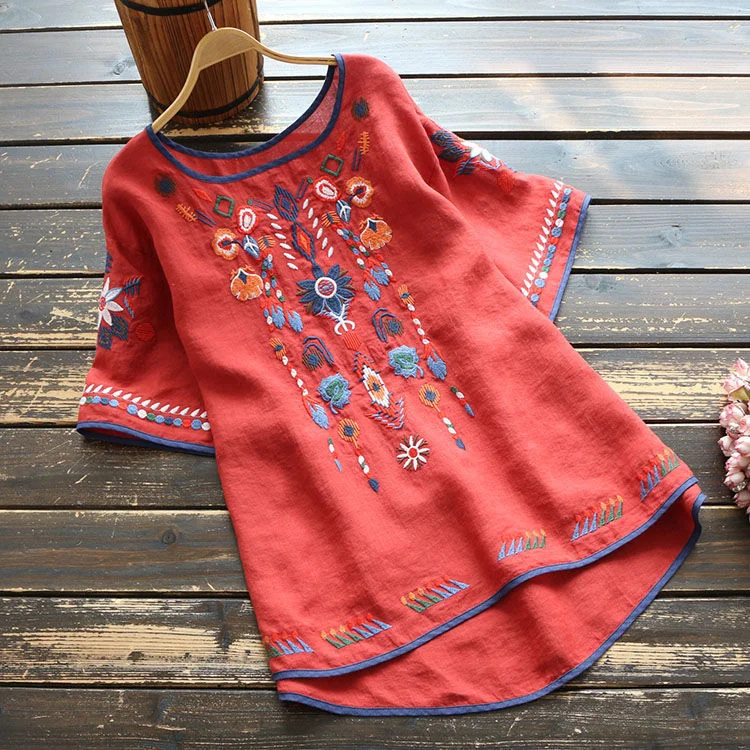 Women's Loose Blouse Floral Embroidery Linen T-Shirt Top