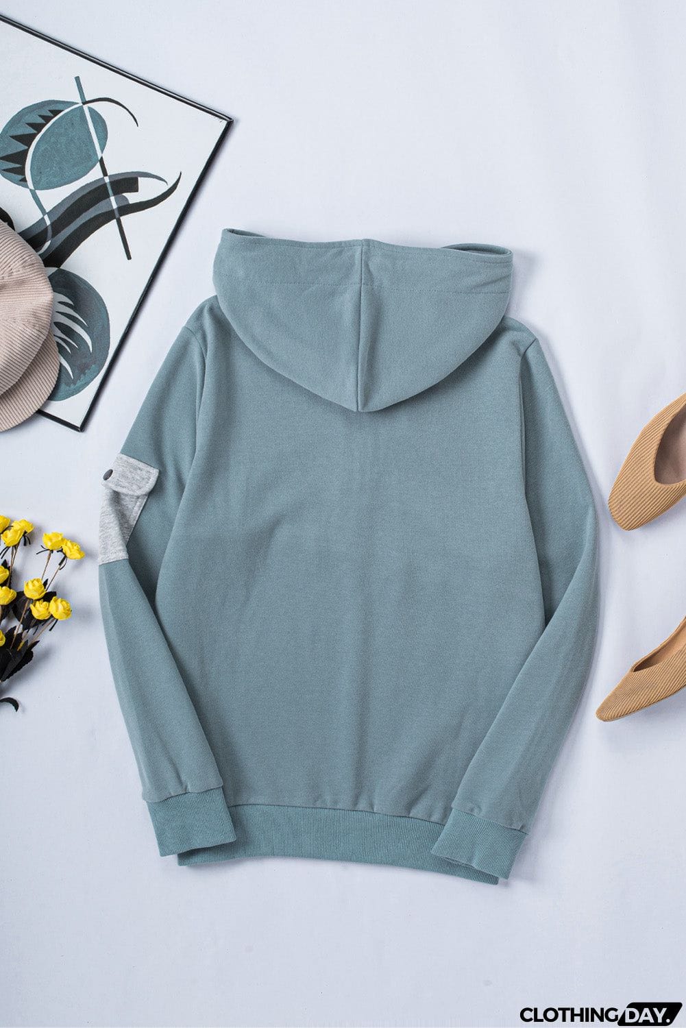 Half Zip Colorblock Pocket Patchwork Long Sleeve Hoodie