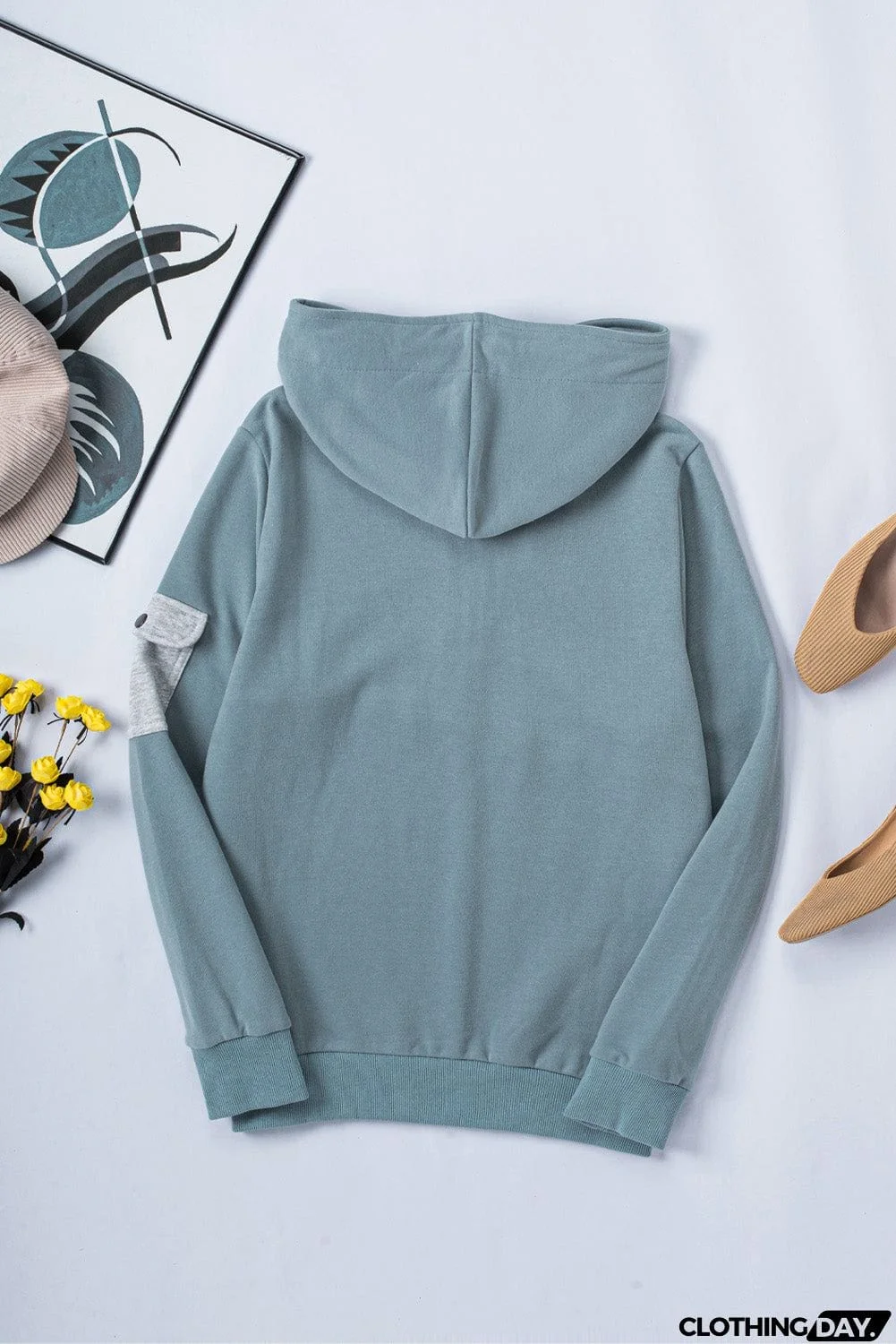 Half Zip Colorblock Pocket Patchwork Long Sleeve Hoodie