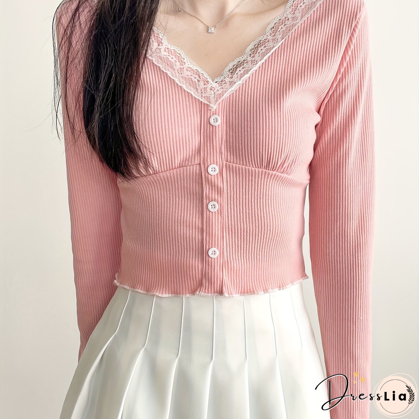 Contrast Lace Trim V-neck Crop Top, Y2K Lettuce Trim Long Sleeve T-shirt, Women's Clothing