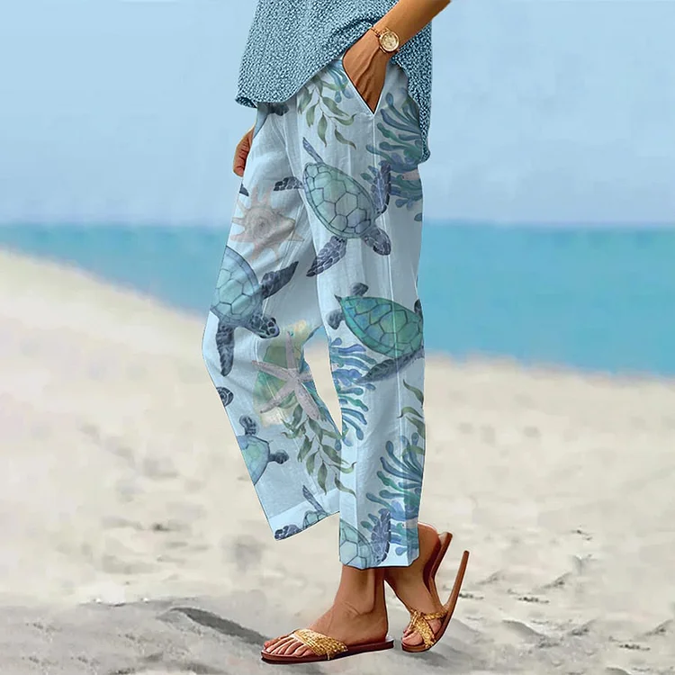 VChics Beach Turtle Print Casual Pants