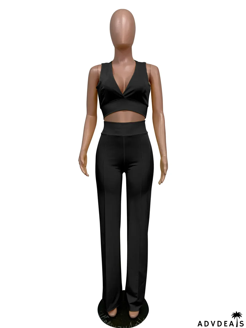 Summer Party Solid Color Halter Crop Top and High Waist Pants Set