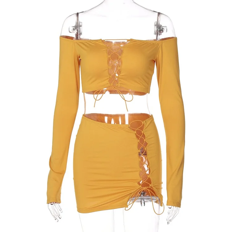 Hugcitar Solid Long Sleeve Drawstring Ruched Crop Top Sexy Mini Dress 2 Piece Set 2021 Fall Fashion Bodycon Elegant Clothing Y2K