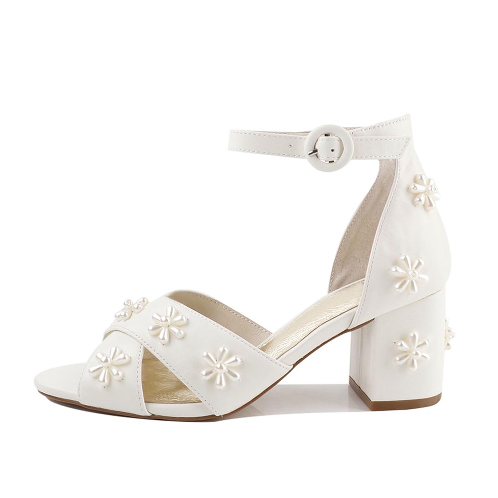 Ivory Pearl Floral Decor Wedding Shoes Ankle Strap Block Heel Sandals