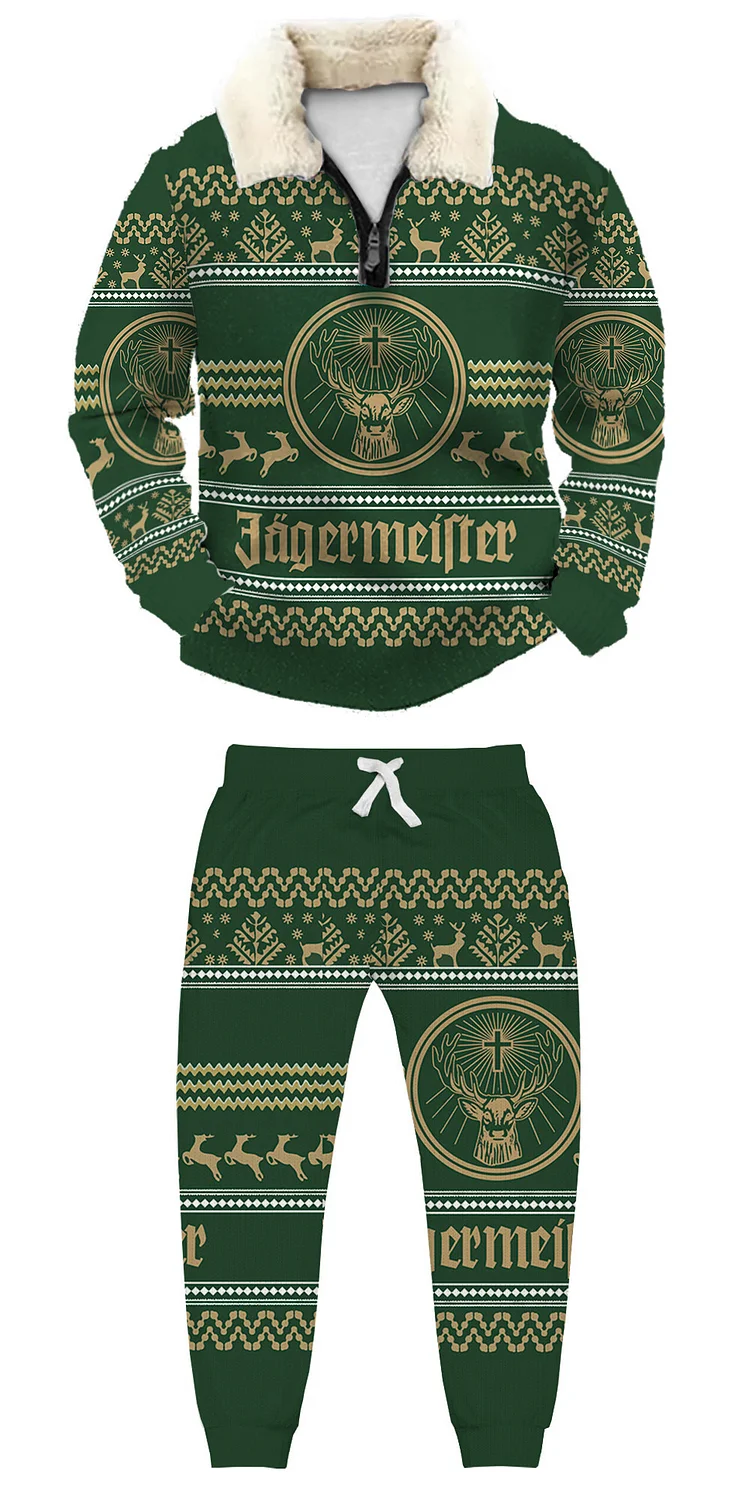 Christmas 1/4 Zip Stand Fleece Collar Thick Sweatshirt & Sweatpant d744