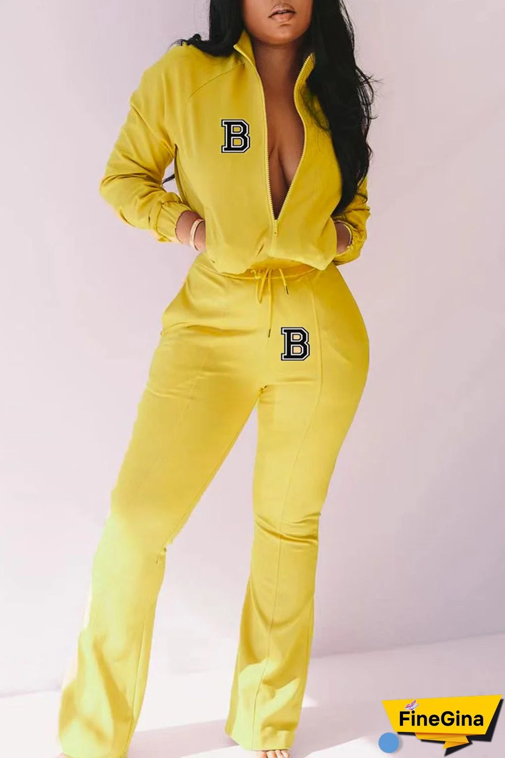 Yellow Casual Print Patchwork Zipper Long Sleeve Two Pieces