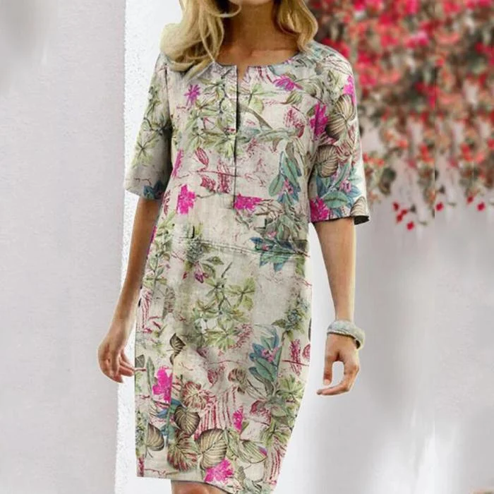 Floral Print Slit Half Sleeve Vintage Dress