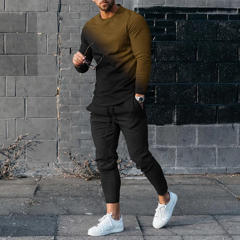 Men's Gradient Ping Long Sleeve  T-Shirt And Pants Two Piece Set