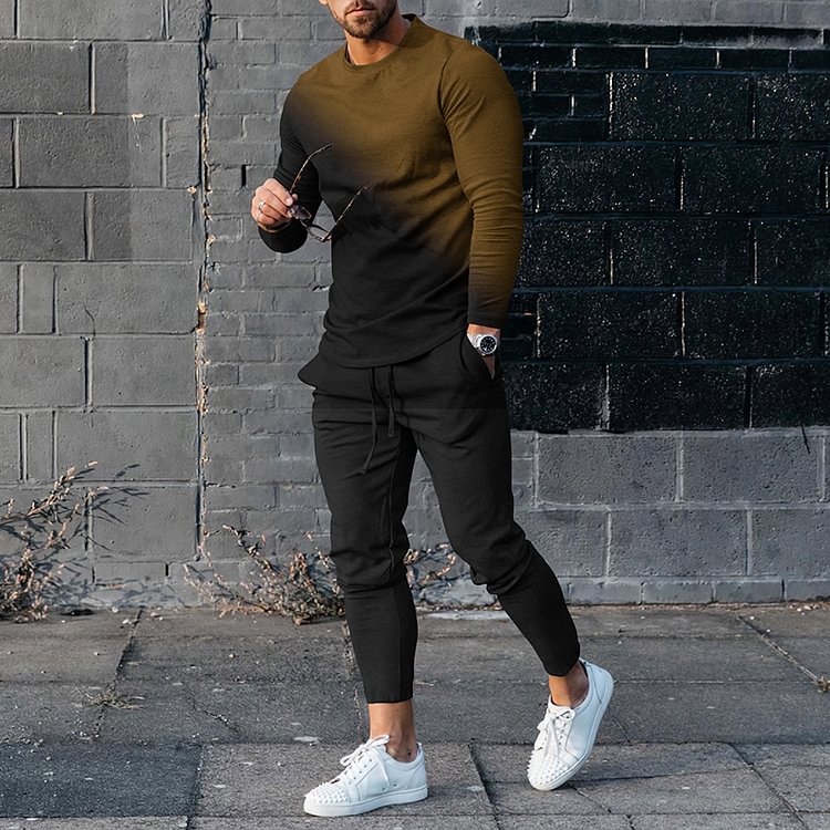 Men's Gradient Ping Long Sleeve  T-Shirt And Pants Two Piece Set