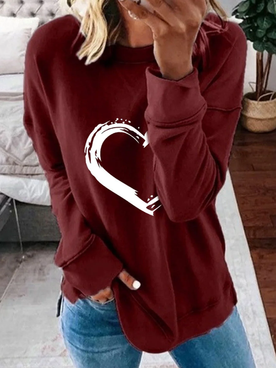 Loose Round Neck Sweatshirt With Heart Print