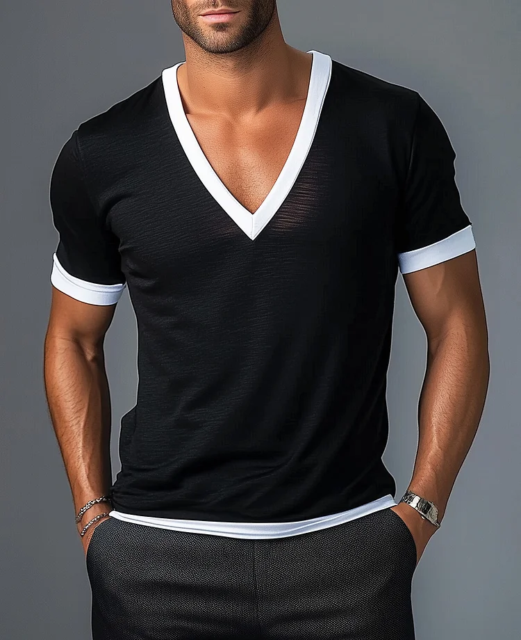 Okaywear Slub Cotton V Neck Contrast Binding T-Shirt Okaywear