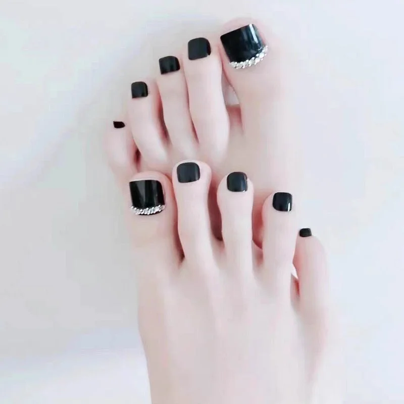 24pcs/box with glue Black fake Toenails press on Summer Style Foot Artificial Nail tips Full Cover Nails feet False Nails-Nail Inspo