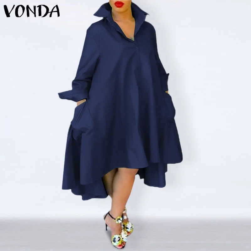 Plus Size Women Dress 2022 Women Casual Turn Down Neck Shirt Dresses VONDA Bohemian Vestidos Party Robe Long Sleeve Sundress