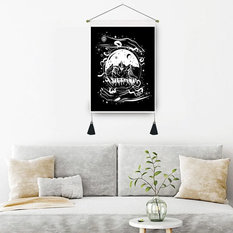 Black Canvas Hand Phase Tapestry Home Decor Macrame Bedroom Art Butterfly Wall Hanging Tassel Tapestries Art Background Cloth