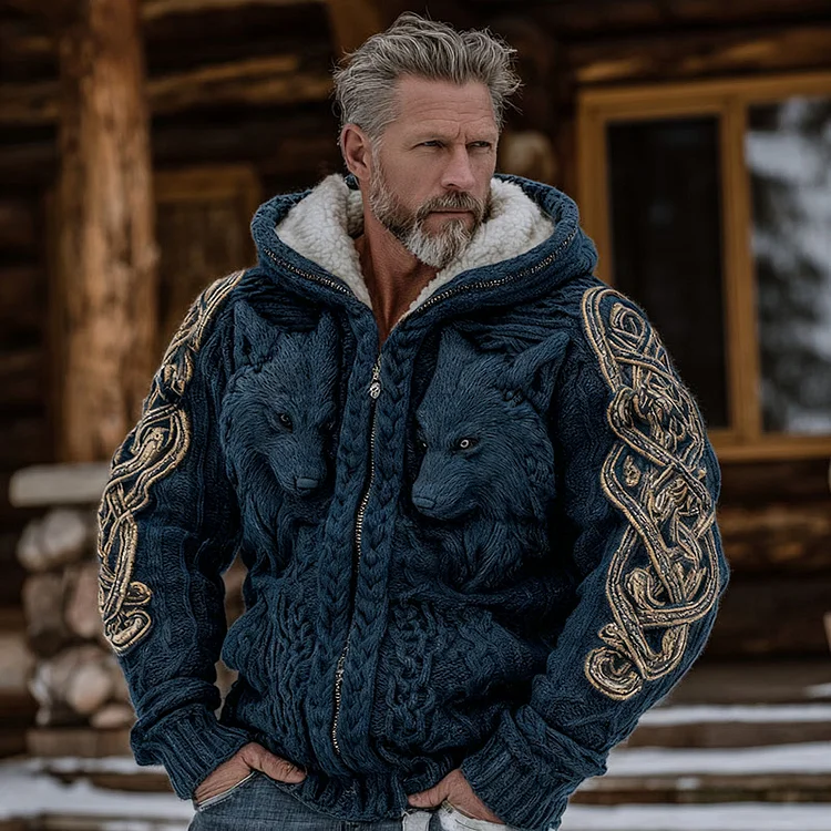 Men's Viking Celtic Knot Wolf Art Cozy Knit Hooded Sweater Jacket