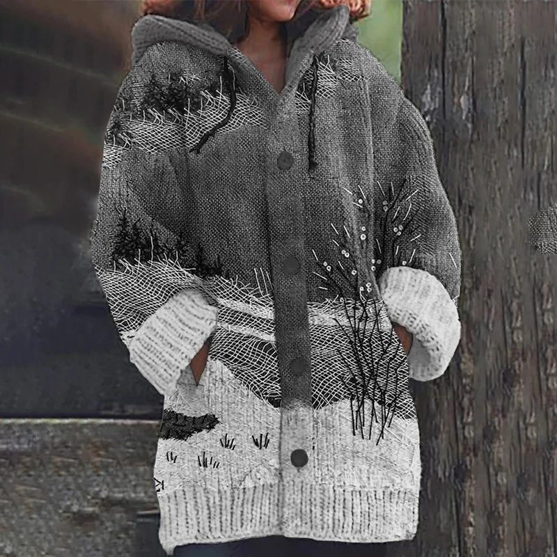 Snow Forest Landscape Embroidery Art Cozy Knit Hooded Cardigan