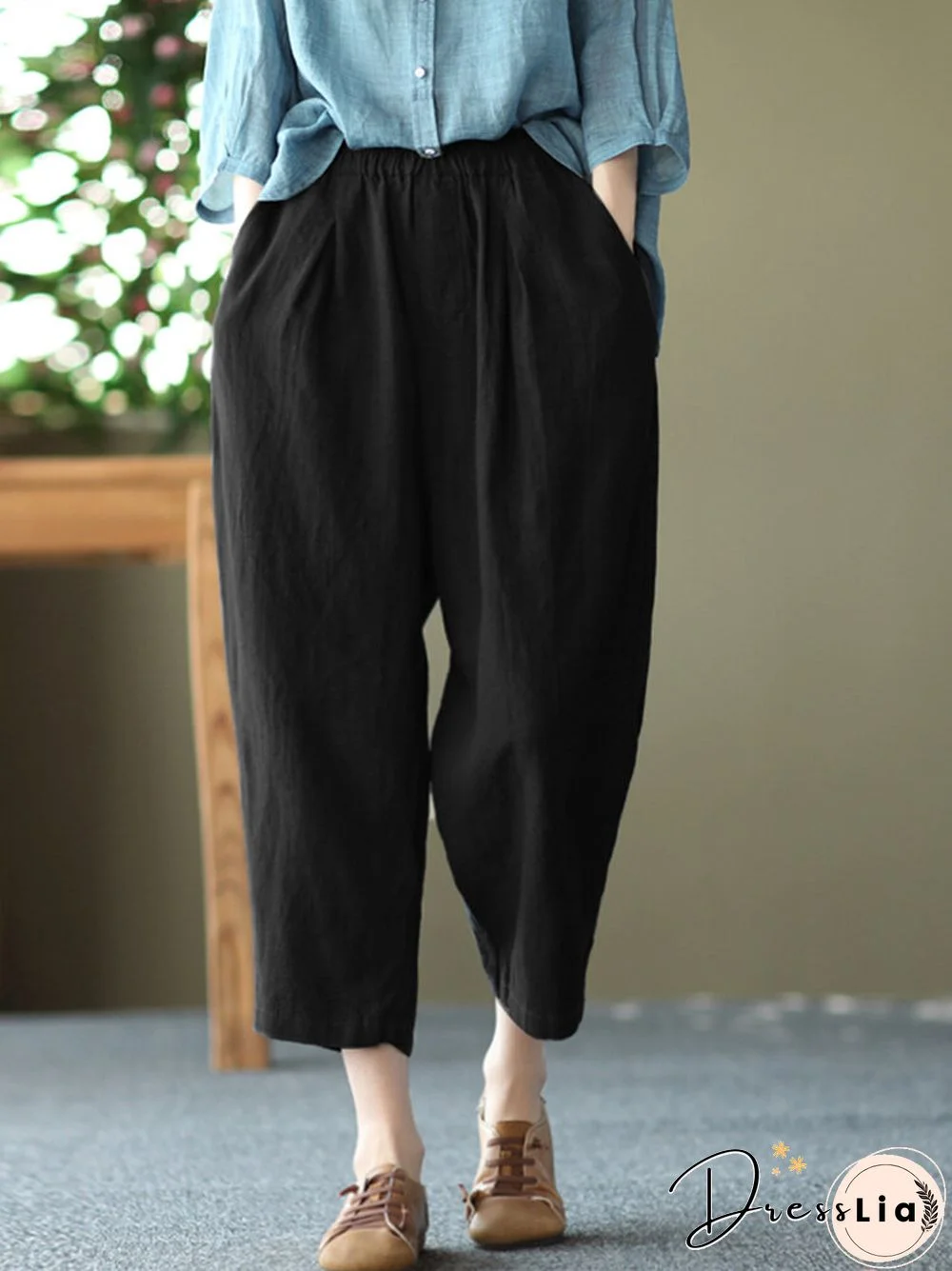 Women Solid Pocket Elastic Waist Casual Harem Pants