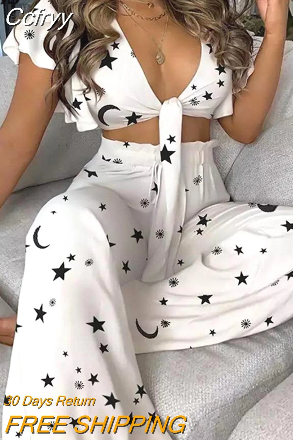 Huibahe Ruffle Navel Tops Pants 2 Piece Set Women Sexy V-neck Short Sleeve Casual Trouser Suit 2023 New Summer Print 2 Piece Set