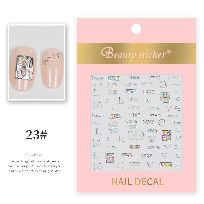 1 Sheet New Roman English Alphabet Number 3D Nail Stickers Christmas Animals iridescent Gold Silver Word Small Letters Nail