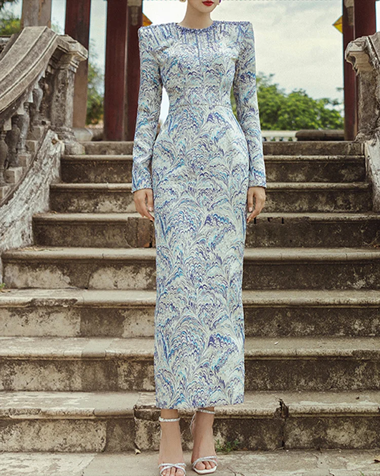 Women's Round Neck Long Sleeve Print Dress