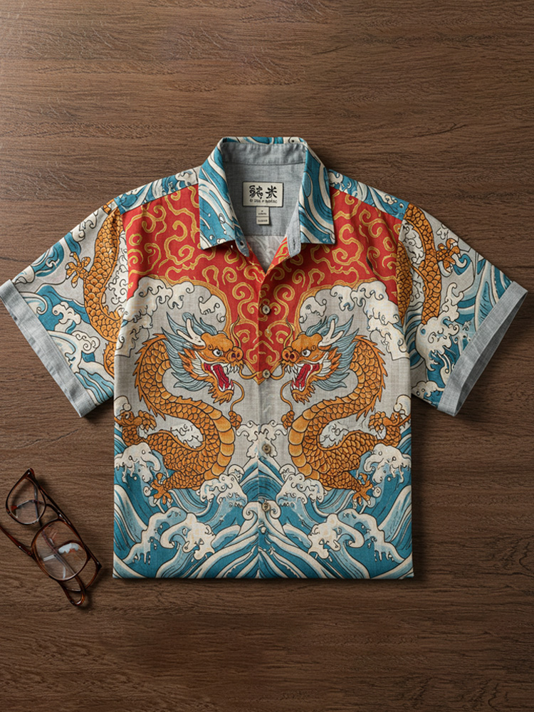 Sea Waves & Dragons Japanese Embroidered Linen Shirt  artssus