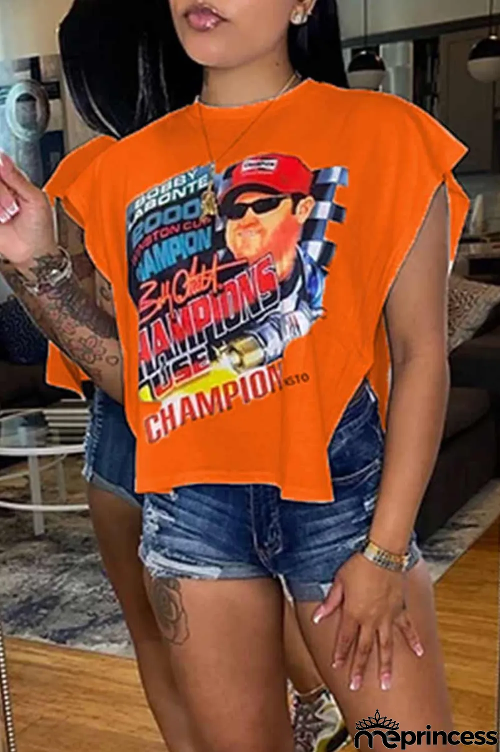 Rose Red Sexy Street Print Patchwork Slit Asymmetrical O Neck T-Shirts