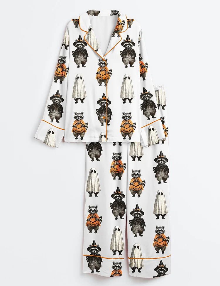 Women&rsquo;s Retro Spooky And Feral Raccoon Halloween Feral Girl Creepy Cute Raccoon Ghost Print Long Sleeve Satin Pajama Set