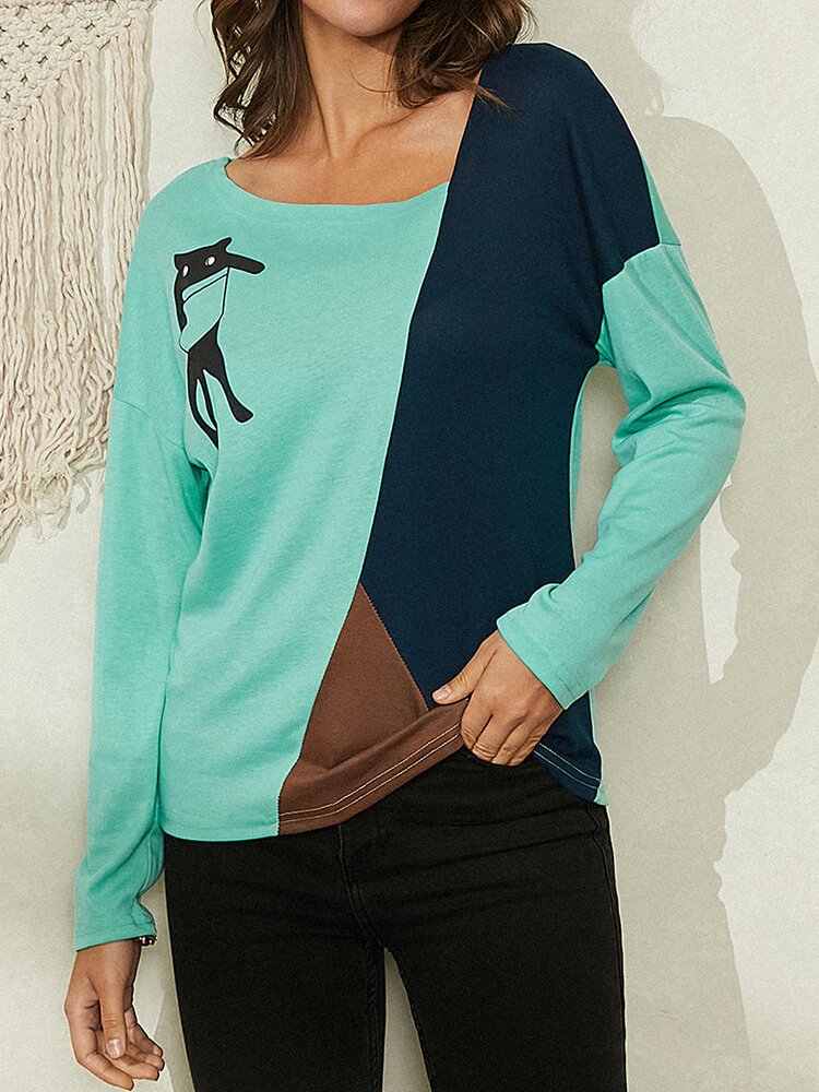 Contrast Color Cat Print Long Sleeve Casual T shirt for Women P1797893