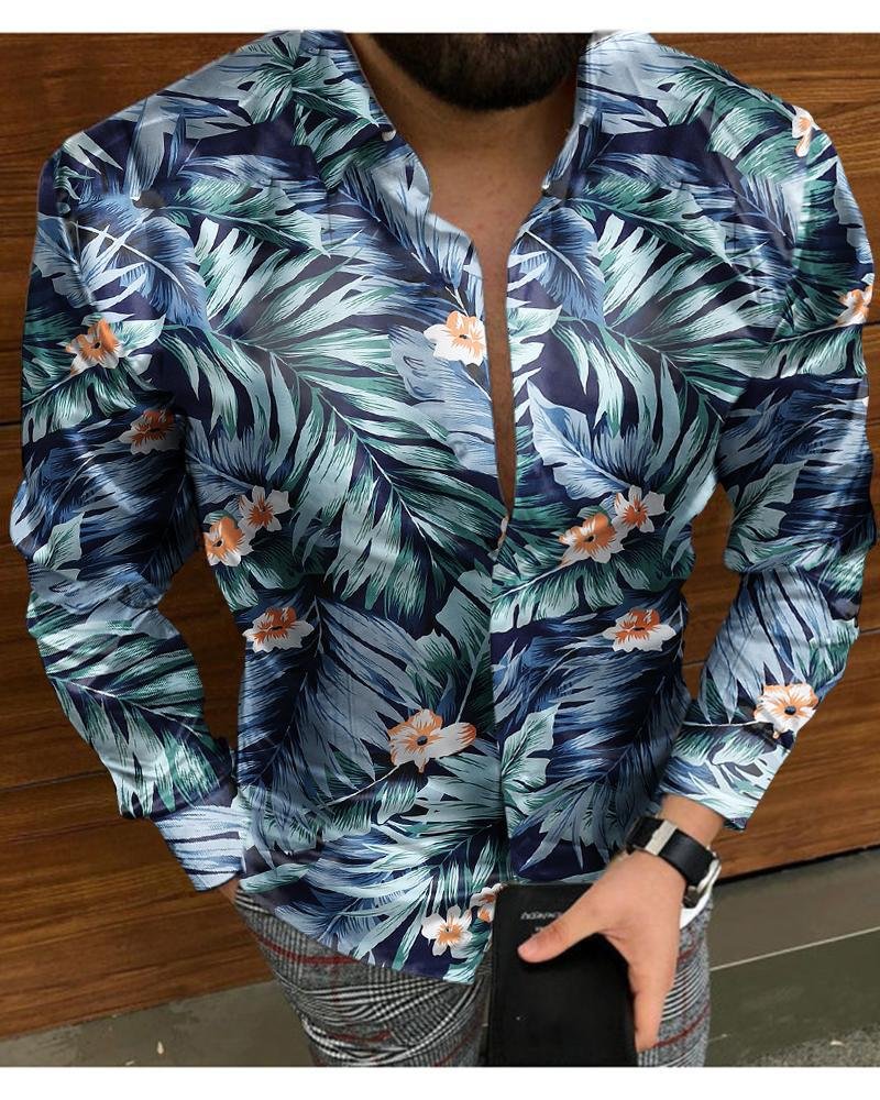men's casual printed leaf long-sleeved shirt