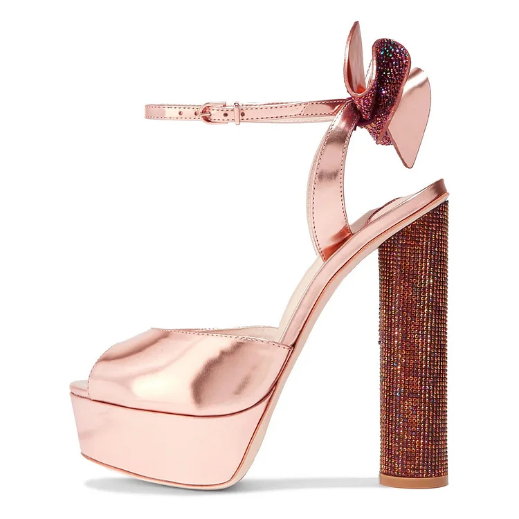 Rose Gold Metallic Peep Toe Ankle Strap Bow Embellishment Prom Heels |FSJ Shoes