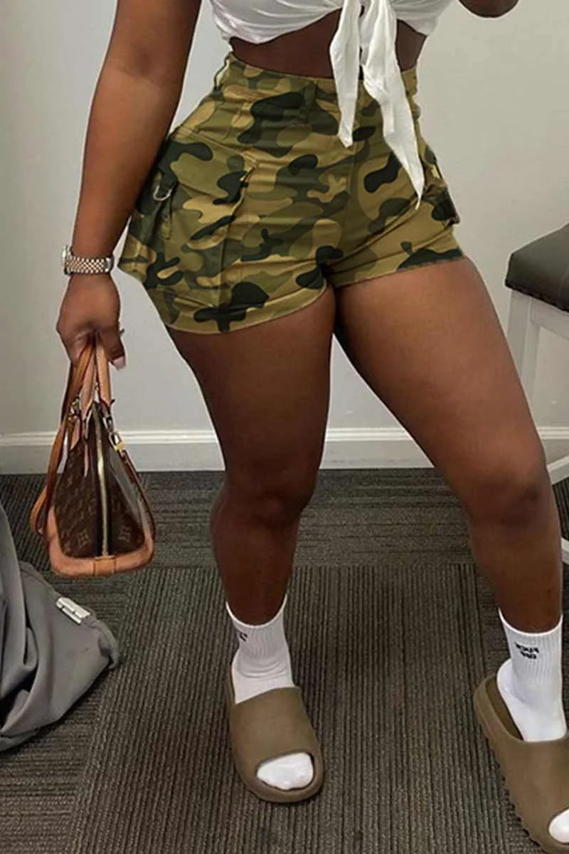 Light Green Casual Print Camouflage Print Patchwork High Waist Straight Full Print Bottoms | EGEMISS