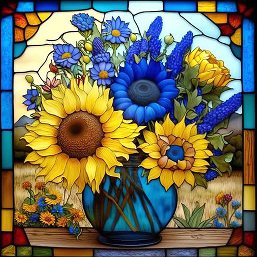 DIY Stamped Cross Stitch 14CT Full Embroidery 40*40cm - Glass Painting-Sunflowers