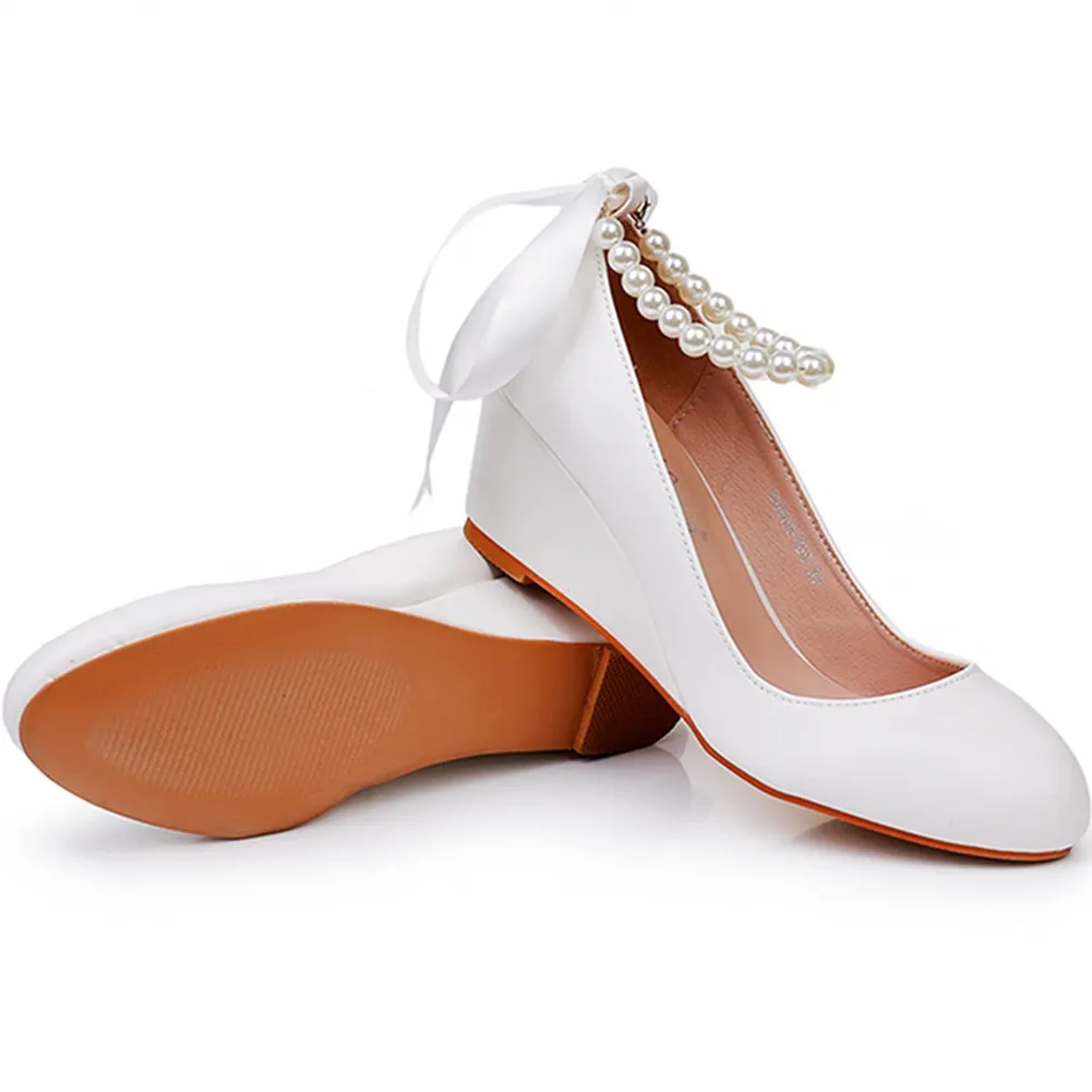 Breakj Breakj Cm White Beads Thick Bottom Heels Mary Jane's Shallow Mouth Single Shoe Ribbon Thin Wedding Dress High Heels