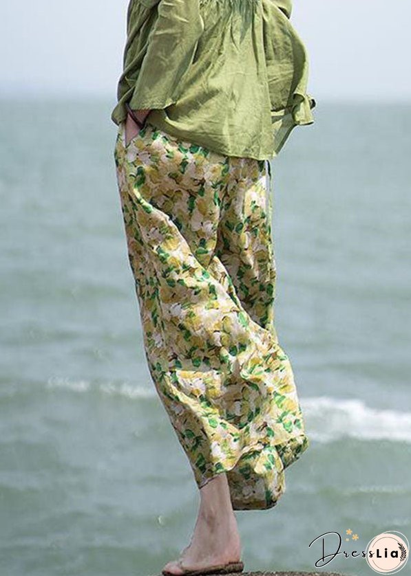 Loose Green Print Pockets Patchwork Cotton Wide Leg Pants Summer