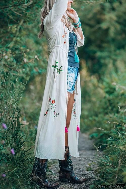 Embroidery Button Long Cardigan