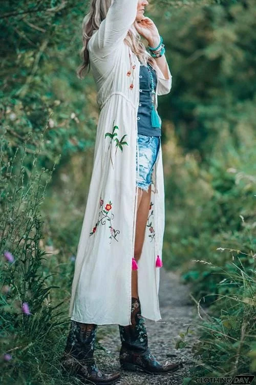 Embroidery Button Long Cardigan