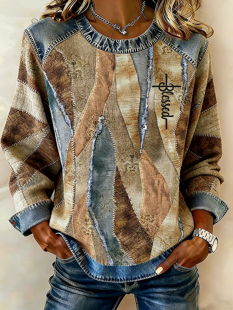  Women's Winter Faith Color Block Print Crew Neck Top Westsshops
