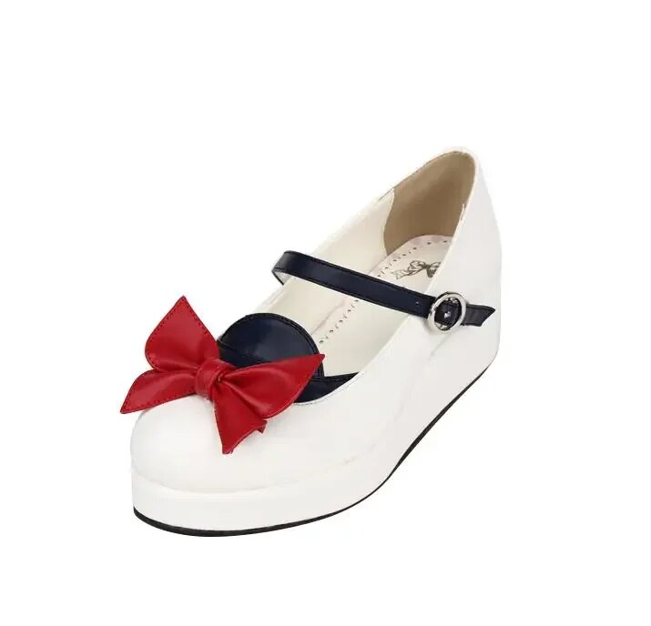 VCshoesWoman Mori Girl Lolita Cosplay Shoes Lady Mid Wedges Heels Pumps Women Princess Dress Navy Shoes Bowtie