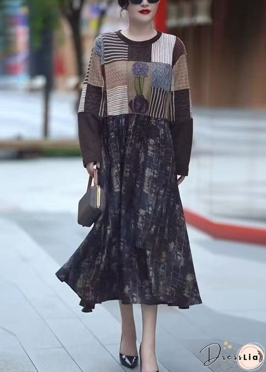 New Coffee Pockets Knit Patchwork Long Dresses Winter