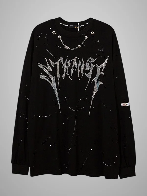 Gothic Dark Street Letter Ironed Ablazely Chain-trimmed Graphic Loose Sweatshirt