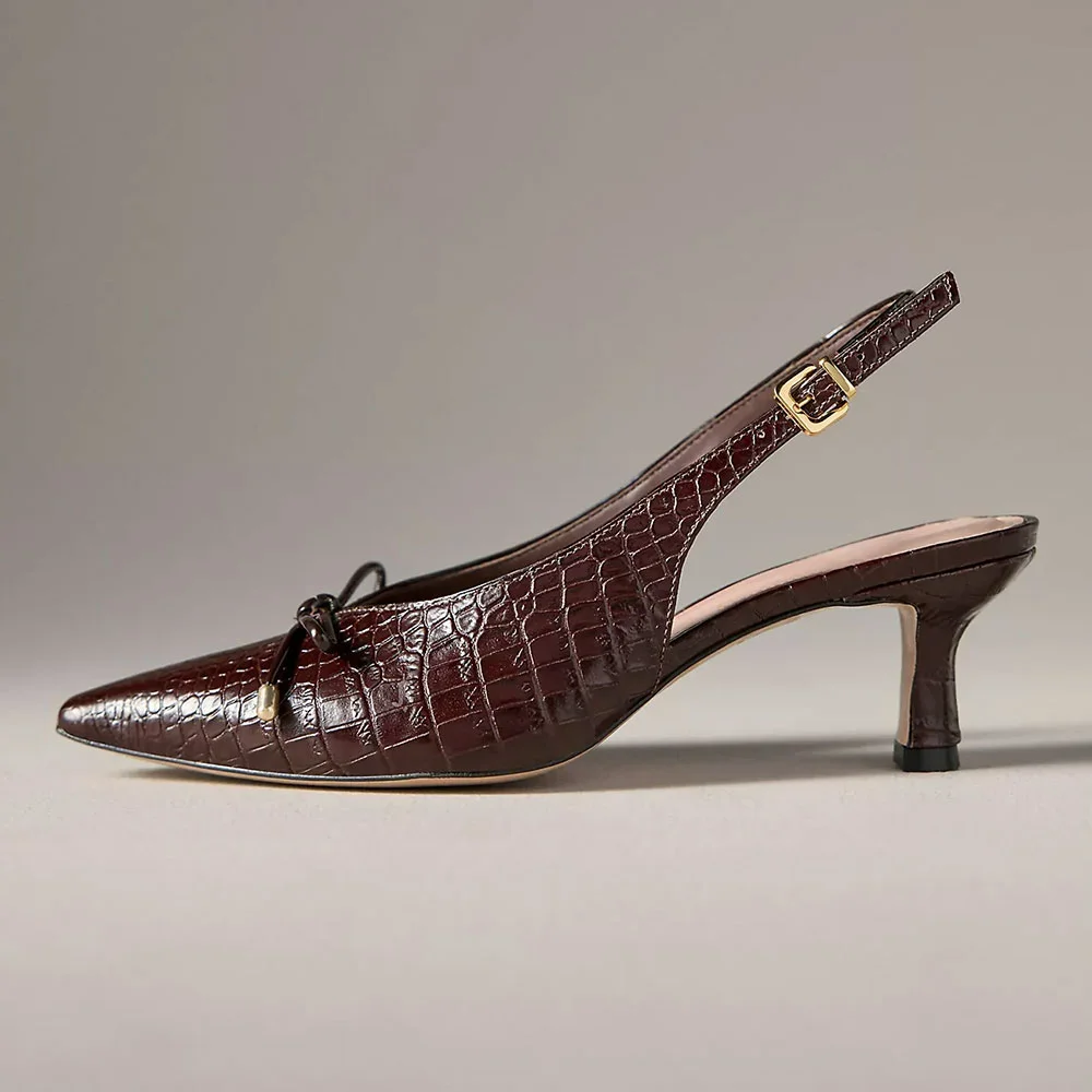Brown Pointed Toe Croc Embossed Buckle Strap Bow  Slingback Pumps