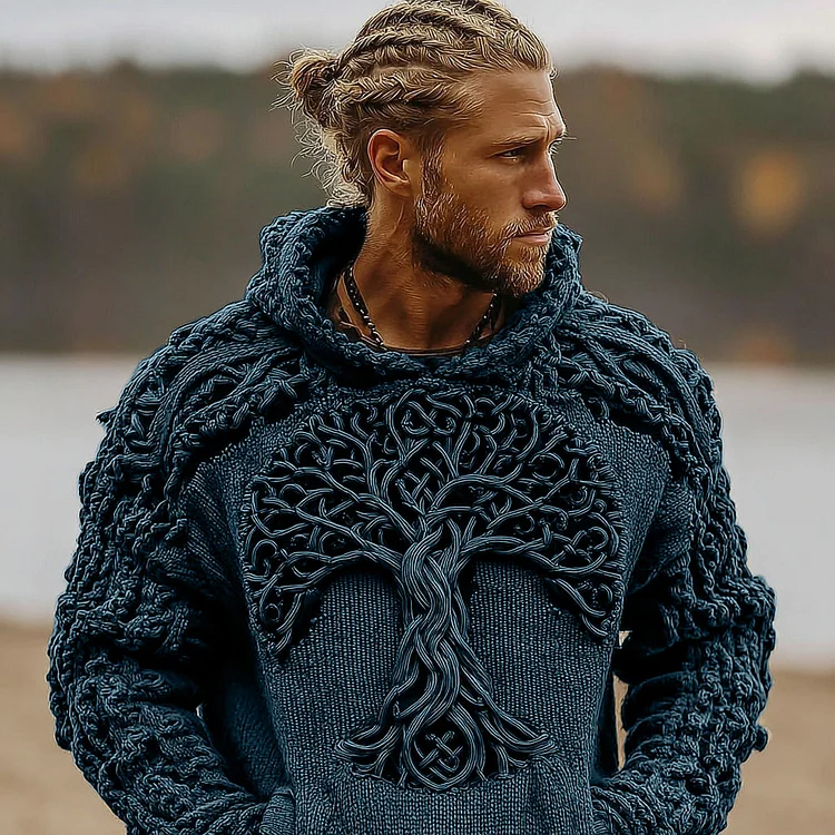 Men's Viking Celtic Knot Tree Of Life Knitted Warm Hooded Sweater