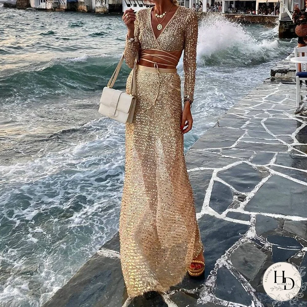 Spring Sequins Shiny Two-piece Suit Women Sexy Deep V Neck Bandage Crop Top And High Waist Skirts Set Autumn Slim Office Outfits