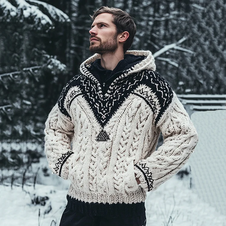 Men's Vintage Viking Inspired Celtic Jacquard Hooded Sweater