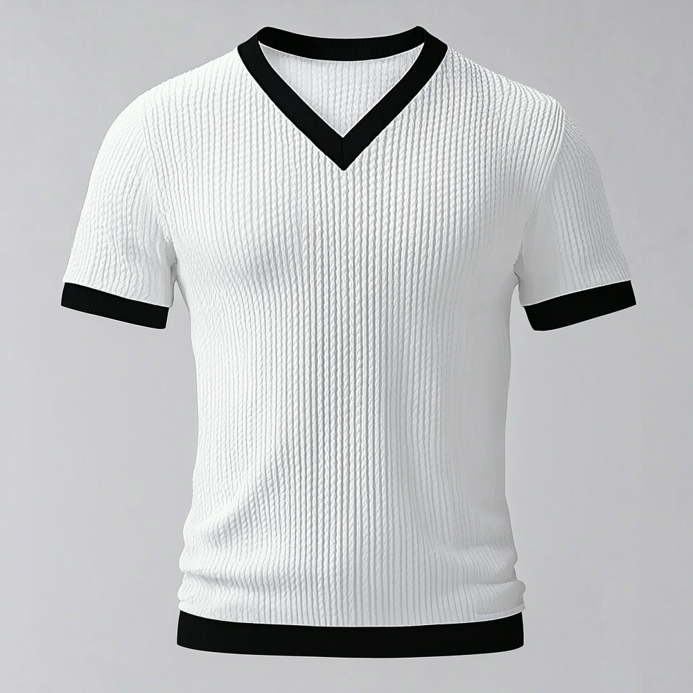 Men's V Neck Short Sleeve Knitted Contrast Binding T-Shirt