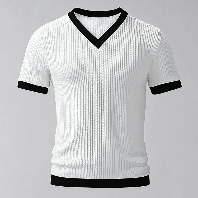 Men's V Neck Short Sleeve Knitted Contrast Binding T-Shirt
